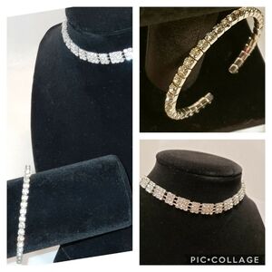 Sparkling Rhinestone Choker & Bracelet Silvertone